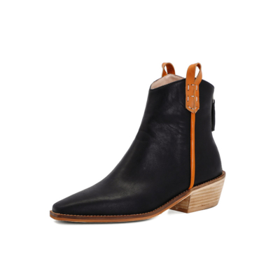 Black Cowboy Boots Minimalist  Wooden Chunky Heel Leather Ankle Boots