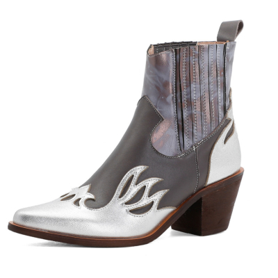 Grey Cowboy Ankle Boots Pointed Toe Leather Western Boot Mid Heels
