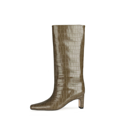 Olive Croc Print Wide Calf Tall Booties Square Toe Low Heel Knee High Boots for Women