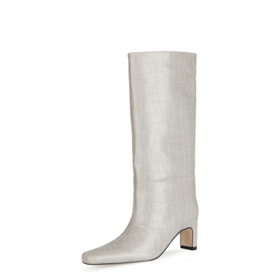 Grey Croc Print Wide Calf Tall Booties Square Toe Low Heel Knee High Boots for Women