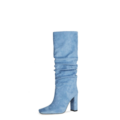 Sky Blue Scrunch boots Chunky Heeled Pull On Knee High Boots