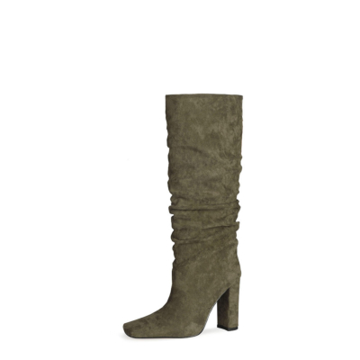 Olive Slouch Boots Chunky Heeled Pull On Knee High Boots