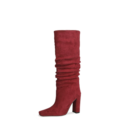 Burgundy Slouch Boots Chunky Heeled Pull On Knee High Boots