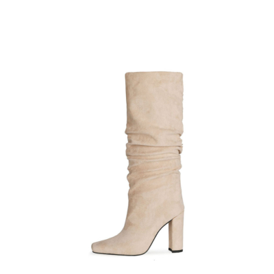 Beige Slouch Boots Chunky Heeled Pull On Knee High Boots