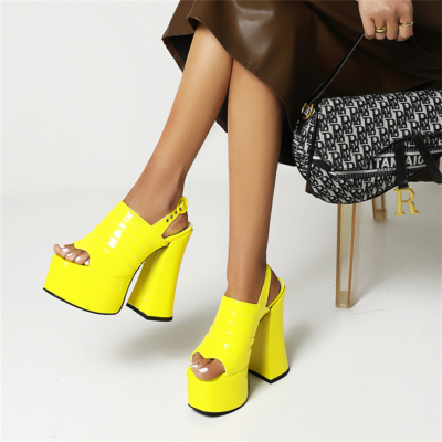 Neon Yellow Fashion Striped Open Toe Platform Chunky Heel Sandals with Buckle Slingback