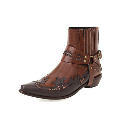 Brown Heeled Cowboy Boots Western Snake Prints Buckle Ankle Booties
