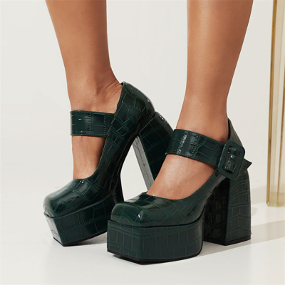 Green Chunky Platform Mary Janes Croc Prints Buckle Heels For Women