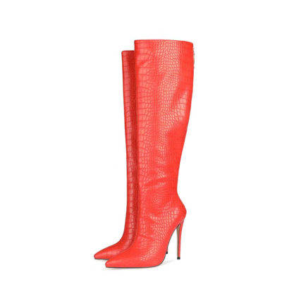 Red Croc Print Back Zipper Stiletto Heeled Knee High Boots for women