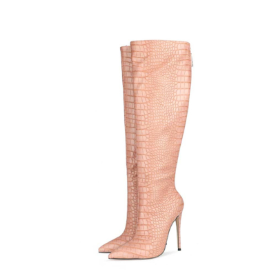 Fashion Croc Print Back Zipper Stiletto Heeled Knee High Boots for women