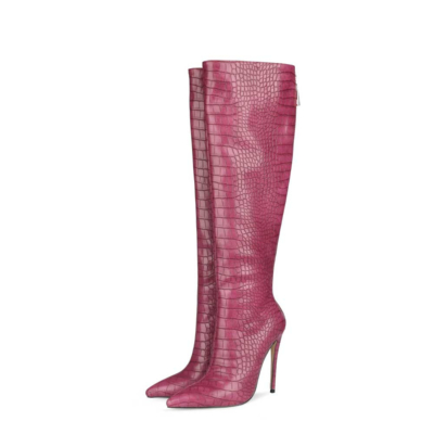 Purple Croc Print Back Zipper Stiletto Heeled Knee High Boots for women