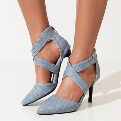Light Blue Croc Print Stiletto Heels Cross Strap Pointy Toe Sandals With Zipper