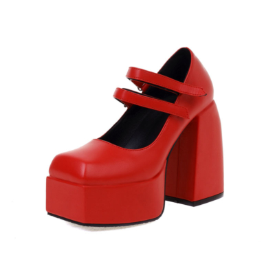 Fashion Mary Janes Platform Chunky Heeled Twin Straps Square Toe Shoes