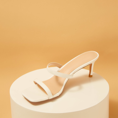 White Matte Square Toe Double Strap Mule Low Heeled Sandals