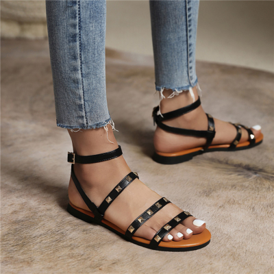 Fashion Multi Straps Rockstud Sandals Flats Beach Sandals with Ankle Strap