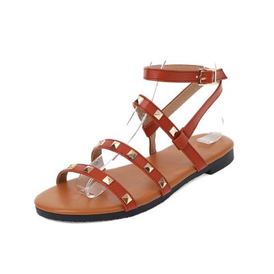 Brown Multi Straps Rockstud Sandals Flats Beach Sandals with Ankle Strap