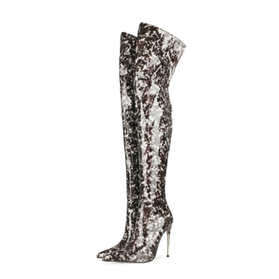 Black Patent Leather Cheetah Print Metallic Stiletto Over The Knee Boots with Zipper