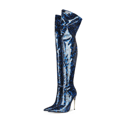 Blue Patent Leather Cheetah Print Metallic Stiletto Over The Knee Boots with Zipper