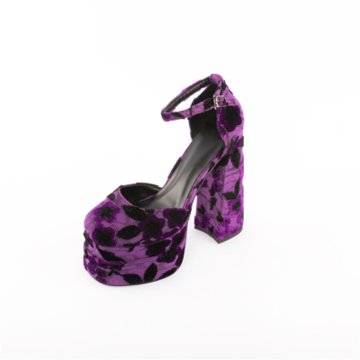 Purple Platform Chunky Sandal Velvet Flower Embossed Heels With Ankle Strap