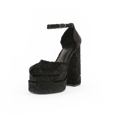 Black Platform Chunky Sandal Velvet Flower Embossed Heels With Ankle Strap