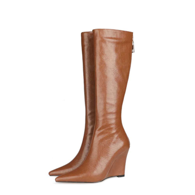 Brown Wedge Heel Knee High Boots Pointed Toe Dresses Booties with Back Zipper