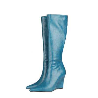 Blue Wedge Heel Knee High Boots Pointed Toe Dresses Booties with Back Zipper