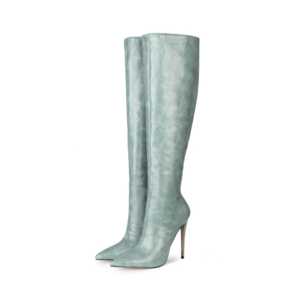Light Blue Fashion PU Ladies Winter Pointed Toe Knee High Boots with Heels