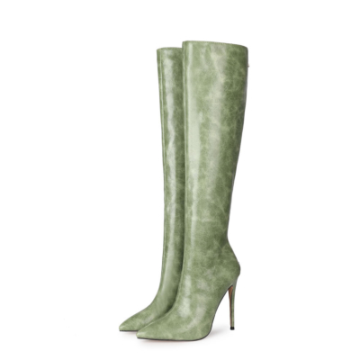 Green Fashion PU Ladies Winter Pointed Toe Knee High Boots with Heels