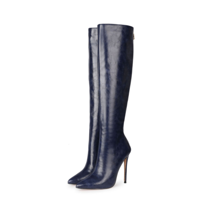 Navy Blue Fashion PU Ladies Winter Pointed Toe Knee High Boots with Heels