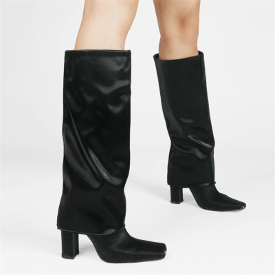 Fashion Satin Square Toe Foldover Boots Dresses Block Heel Knee High Booties