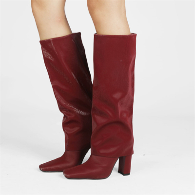 Red Satin Square Toe Foldover Boots Dresses Block Heel Knee High Booties