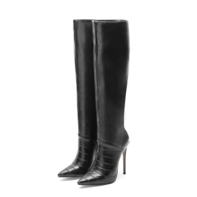 Black Croc Embossed Boots Leather Pointed Toe Stilettos knee High Boots