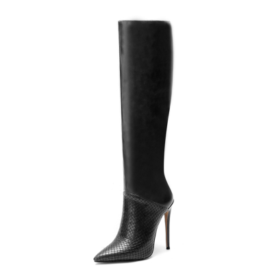 Black Snake-Effect Boots Leather Pointy Toe Stilettos knee High Boots