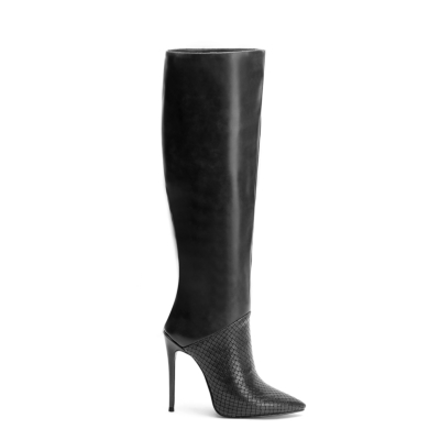 Black Snake-Effect Boots Leather Pointy Toe Stilettos knee High Boots