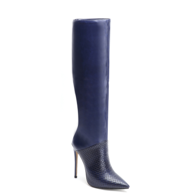 Fashion Snake-Effect Boots Leather Pointy Toe Stilettos knee High Boots