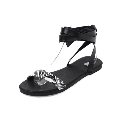 Black Fashion Snake Print Lace Up Strappy Sandals Flat For Beach