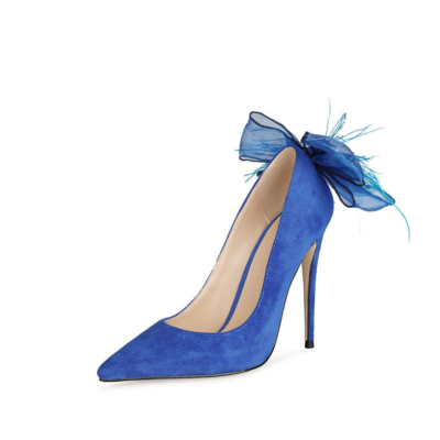 Royal Blue Suede Bow Pumps Stiletto High Heel Dance Shoes for Party