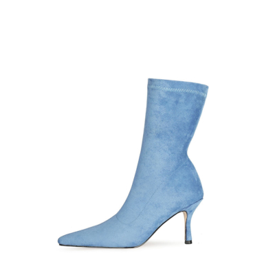 Blue Fashion Suede Elastic Sock Stiletto Ankle Boots Pointed Toe Heels