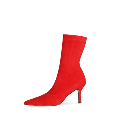 Red Fashion Suede Elastic Sock Stiletto Ankle Boots Pointed Toe Heels