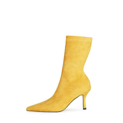 Yellow Fashion Suede Elastic Sock Stiletto Ankle Boots Pointed Toe Heels