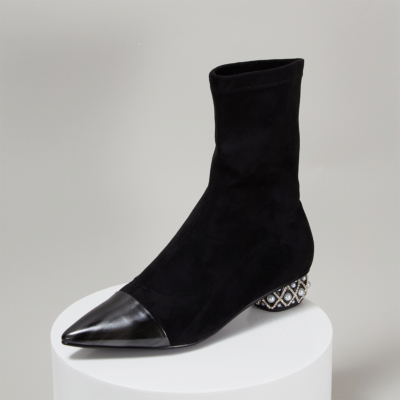 Black Suede Pointy Toe Pearl Embellished Heeled Ankle Boots