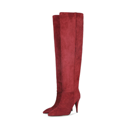 Red Pull On Booties Suede Slouchy Pointy Toe Knee High Boots with Cone Heel