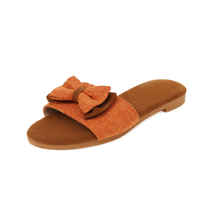 Brown Tweed Bow Slide Sandals Comfy Flat Sandals Open Toe