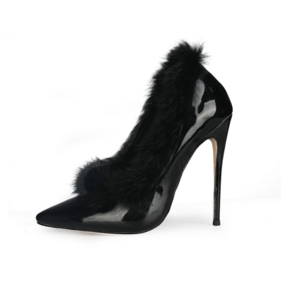 Black Faux Fur Stiletto Pumps Shoes Pointed Toe 5 inch Heels
