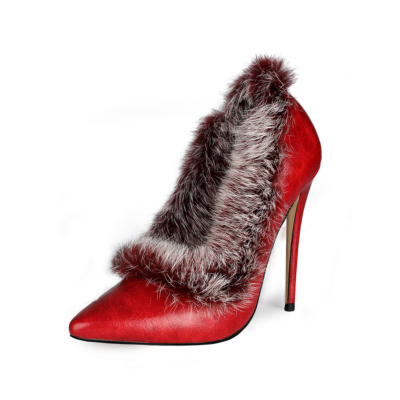 Red Faux Fur Stiletto Pumps Shoes Closed Toe Heels