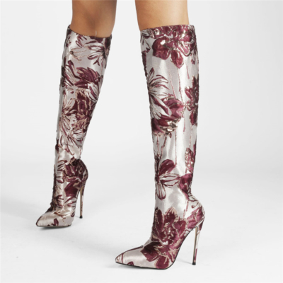 Flower Embroidered Stiletto Boots Metallic Pointed Toe Knee High Boots