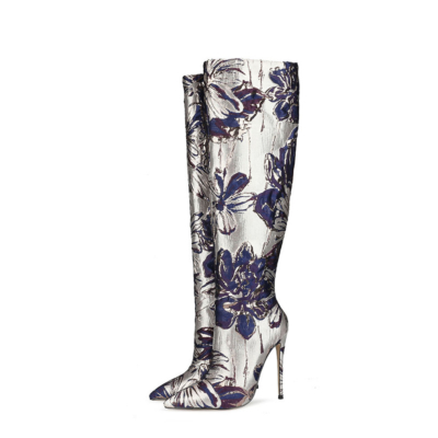 Blue Flower Embroidered Stiletto Boots Metallic Pointed Toe Knee High Boots