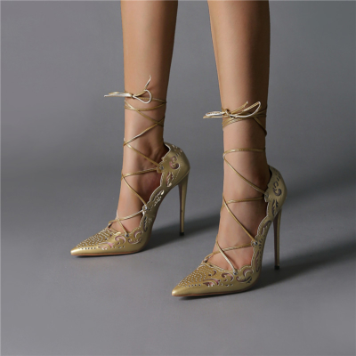 Golden Flower Hollow Out Lace Up Stiletto Heels Pointed Toe Sexy Shoes