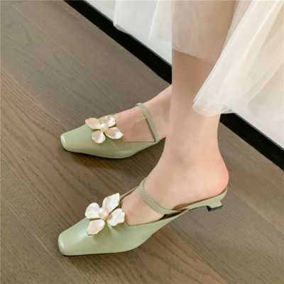 Green Flower Pearl Buckle Flats Leather Low Block Heels Mule Shoes