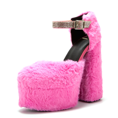 Fuchsia Furry Platform Block Heel Pumps Rhinestone Ankle Strap Fur Party Shoes