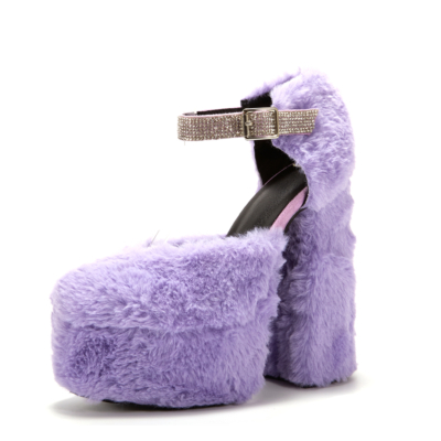 Purple Furry Platform Block Heel Pumps Rhinestone Ankle Strap Fur Party Shoes